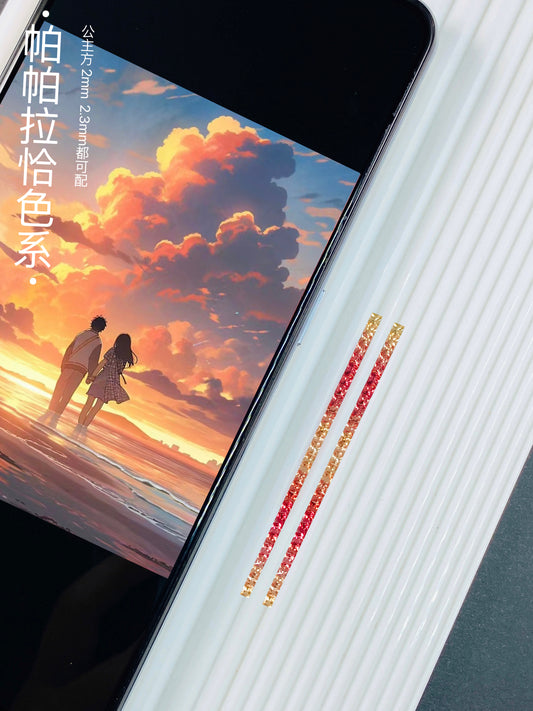 Dusk Falls 2mm Paparacha Color Princess Cut Set, single set weighs approximately 1.6ct.