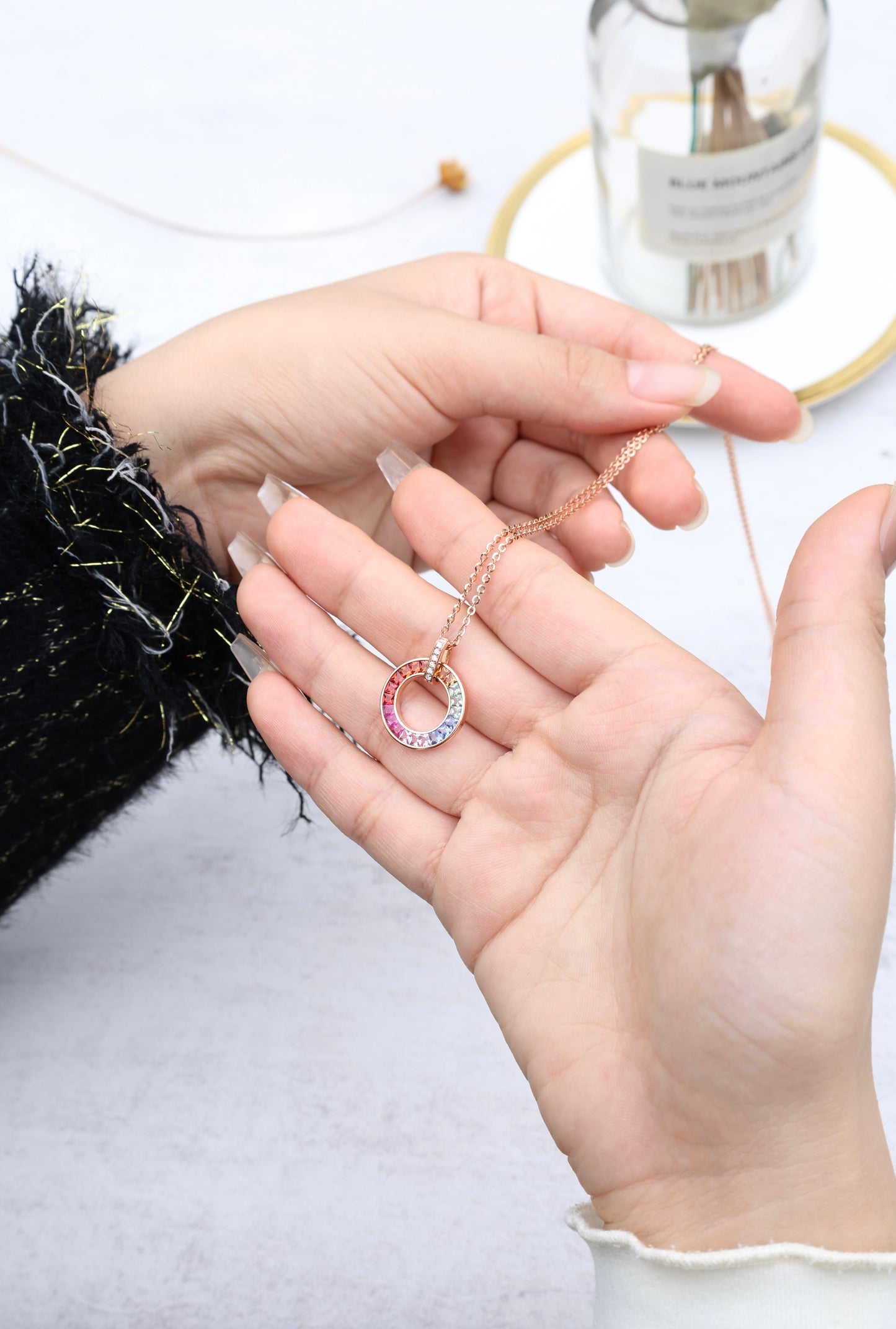 Rainbow Halo Pendant | 18K Rose gold | Natural Gemstone