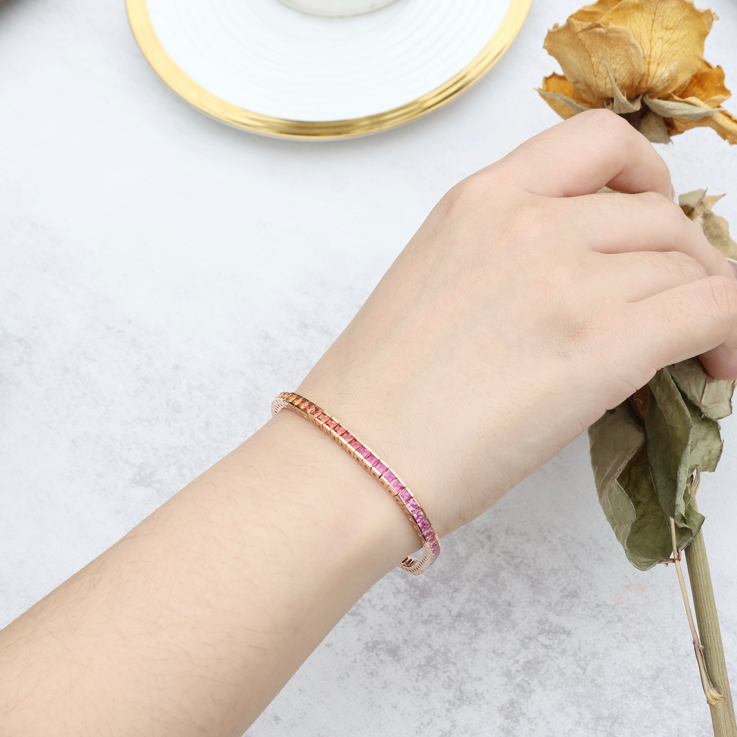 Rainbow Princess Tennis Bracelet | 18K Rose Gold | Natural Gemstone