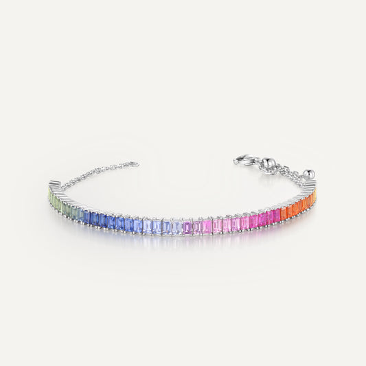 Rainbow Tennis Bracelet | Adjustable Chain Version | 18K White Gold | Natural Sapphire