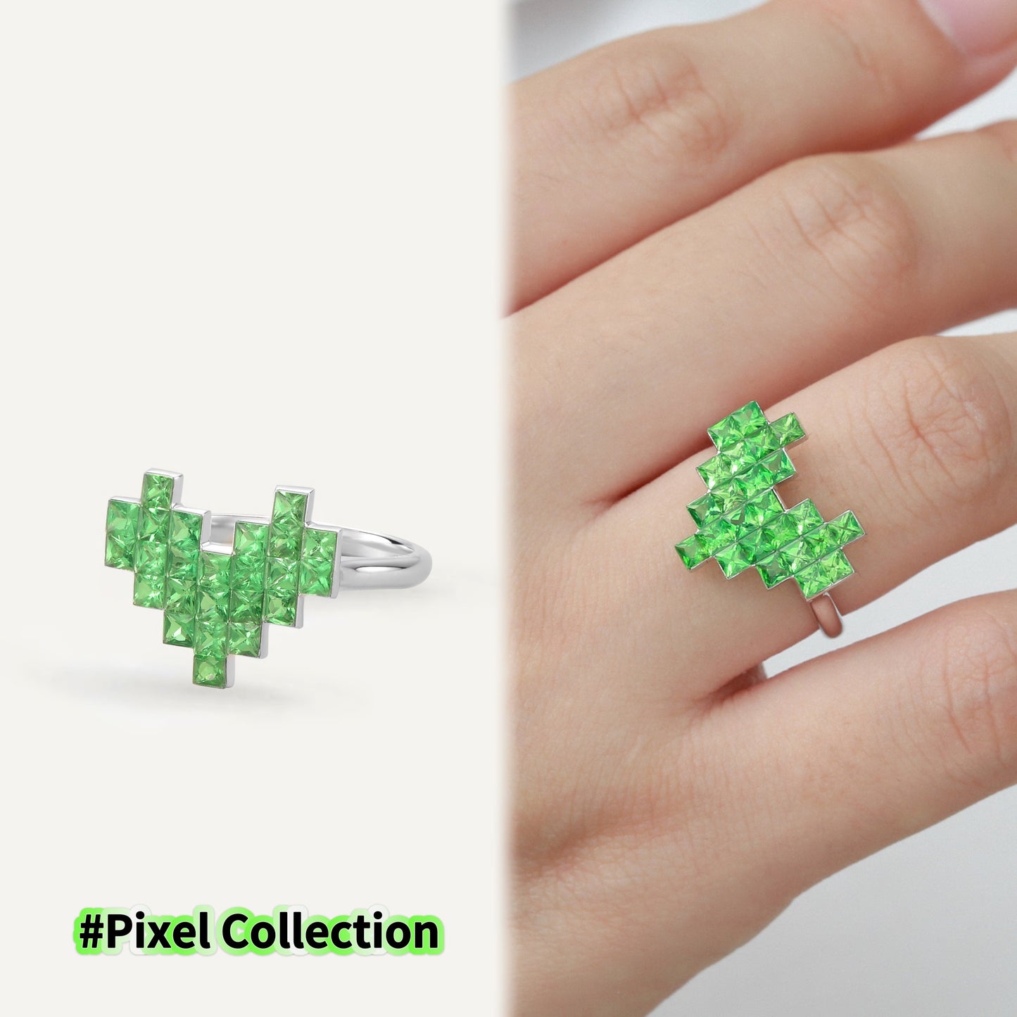 Pixel Heart Code Tsavorite Ring| 18K White Gold