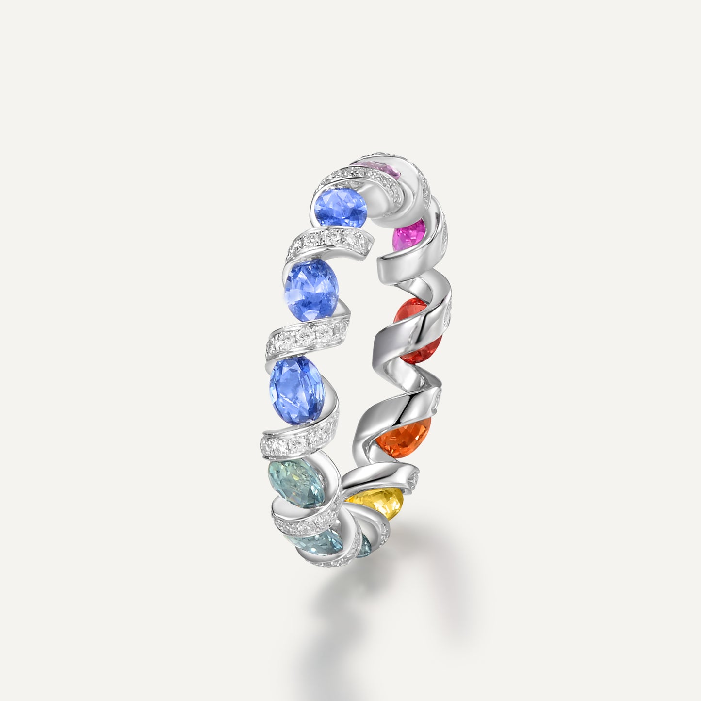 Rainbow Ribbon Ring | 18K white gold | Natural Colored Sapphires