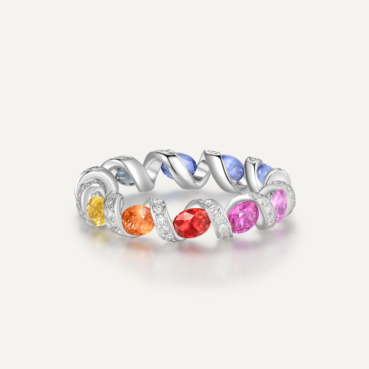 Rainbow Ribbon Ring | 18K white gold | Natural Colored Sapphires