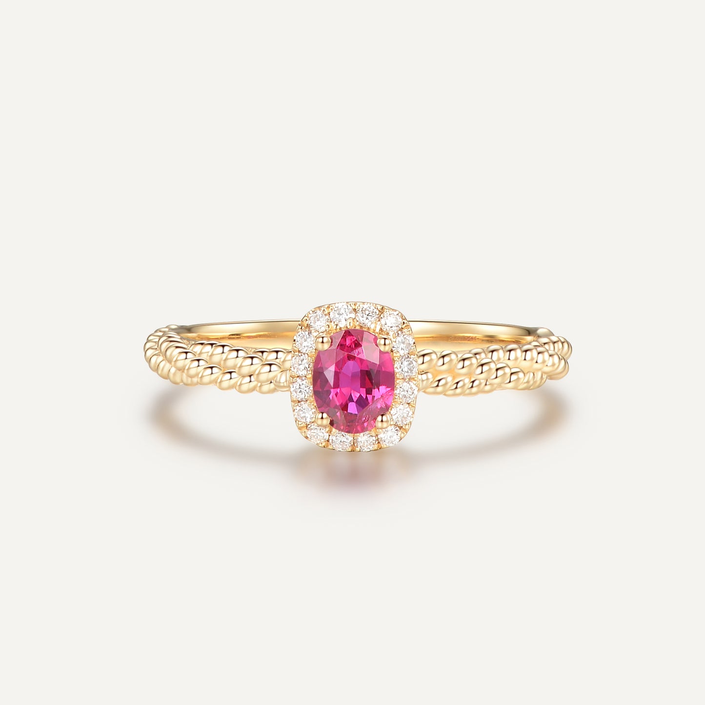 Ruby Twist Halo Diamond Ring | 18K rose gold