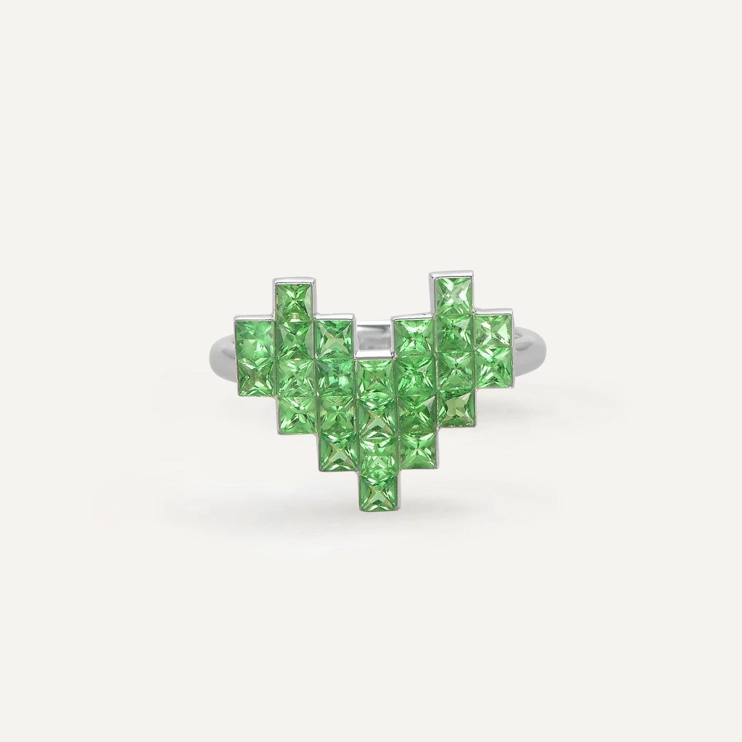 Pixel Heart Code Tsavorite Ring| 18K White Gold