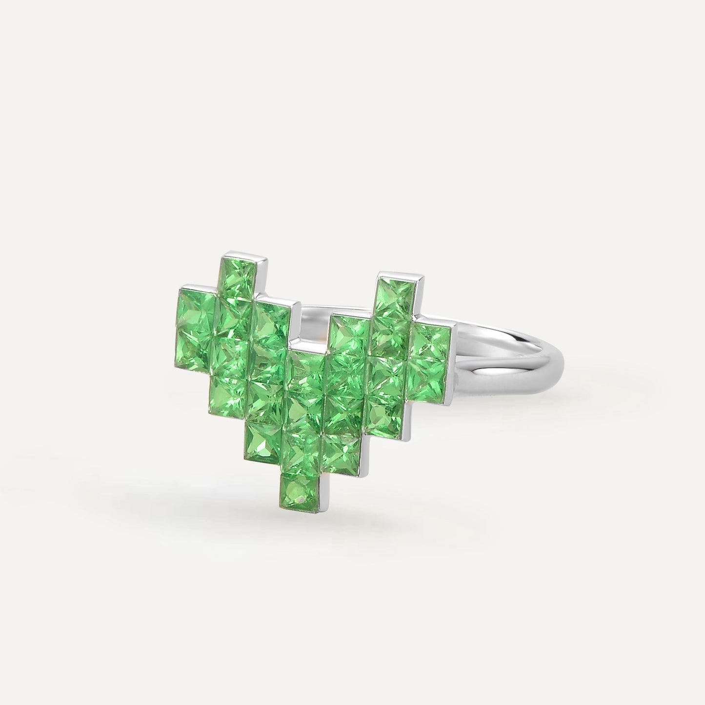Pixel Heart Code Tsavorite Ring| 18K White Gold