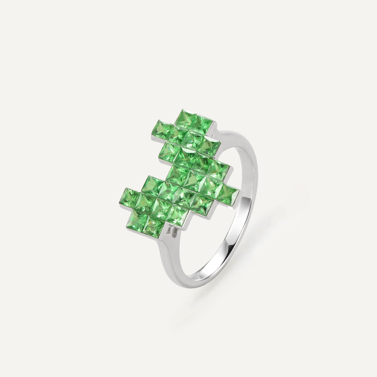Pixel Heart Code Tsavorite Ring| 18K White Gold