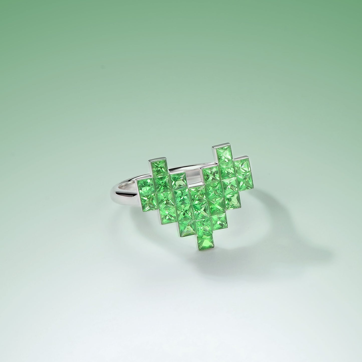 Pixel Heart Code Tsavorite Ring| 18K White Gold