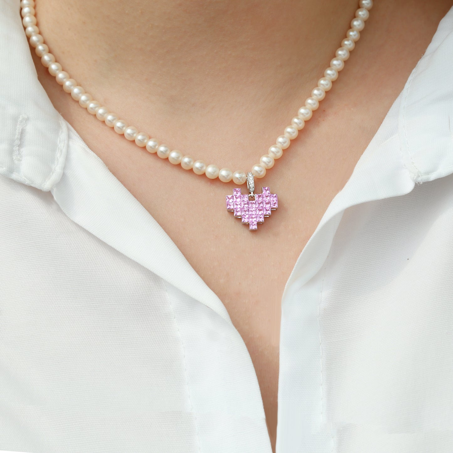 Pixel Heart Pendant | 18K White Gold | Natural Gemstone
