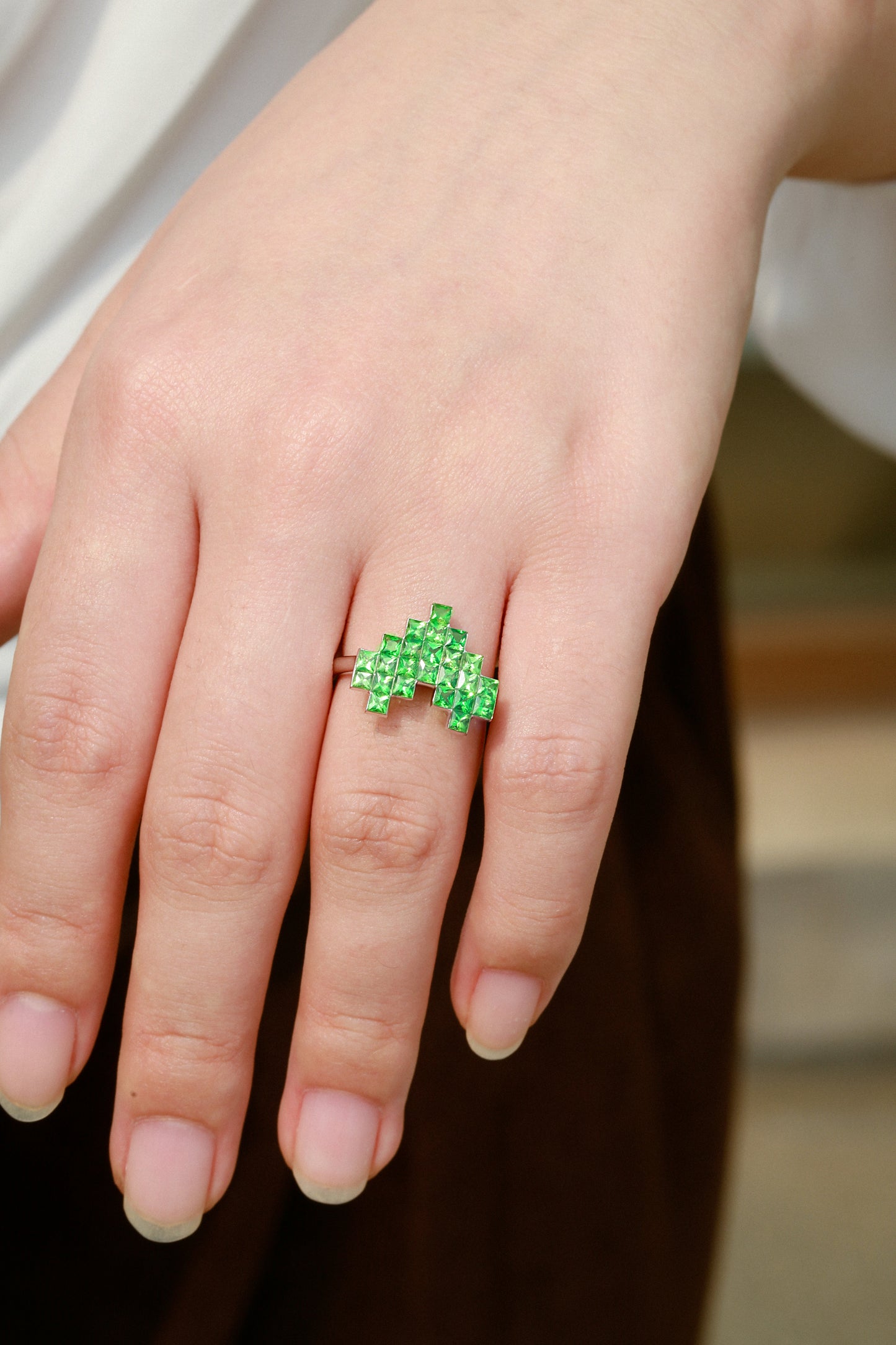 Pixel Heart Code Tsavorite Ring| 18K White Gold