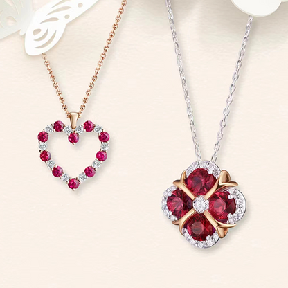 Gemstone set box with round ruby heart pendant.