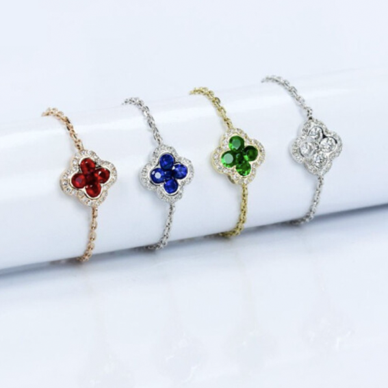 Gemstone set box round ruby four-leaf clover chain ring