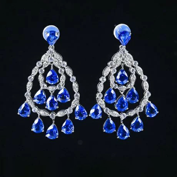 Gemstone set box 3.5*4.5 pear-shaped powder blue sapphire tassel earrings