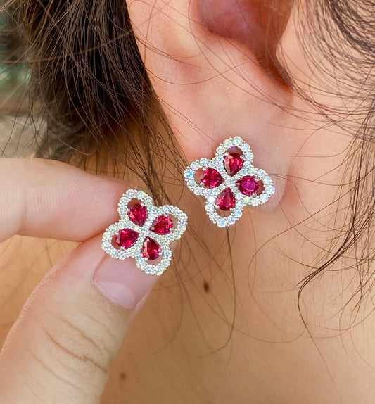 Ruby Four-leaf Clover Earrings in 18K White Gold