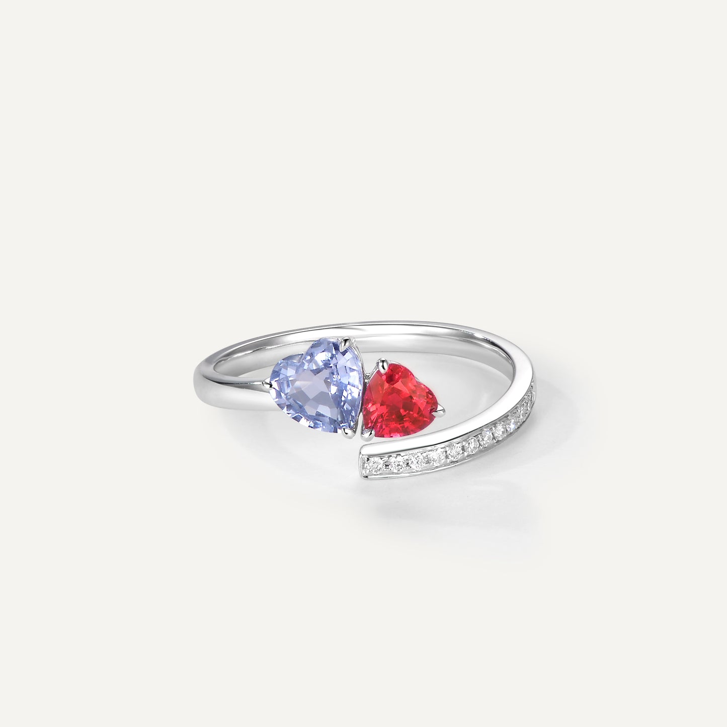 0.932ct Heart-shaped Red and Blue Twin Stone Ring with Matching Stones