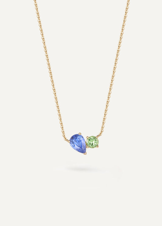 Dual-wear necklace with blue-green contrast on both sides, 18K yellow gold.