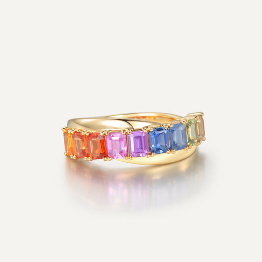 Rainbow octagonal ring 18K yellow gold size 14# 15#