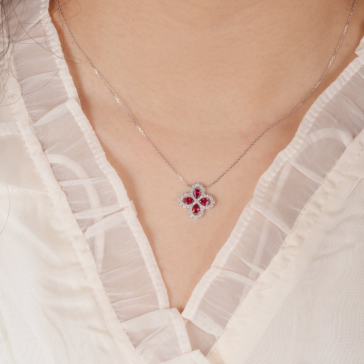 Ruby Drop Clover Necklace | 18k white gold
