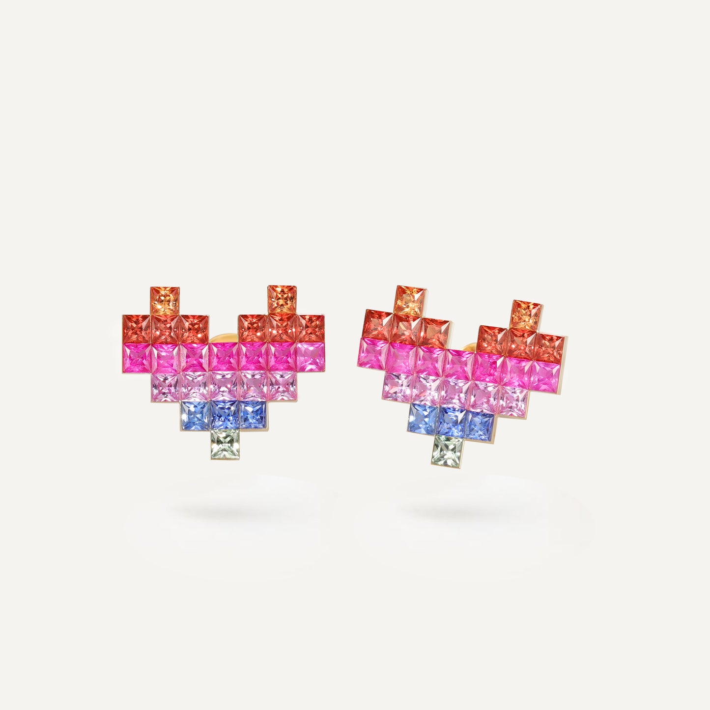 Rainbow Sapphire Pixel Heart Earring | 18K gold | Natural Gemstone