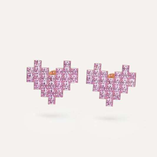 Pink Sapphire Pixel Heart Earring | 18K gold | Natural Gemstone
