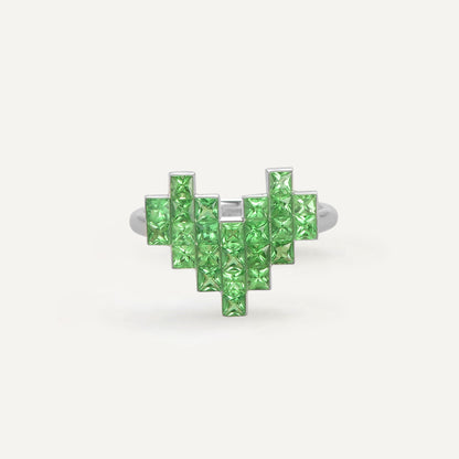 Pixel Heart Code Tsavorite Ring| 18K White Gold