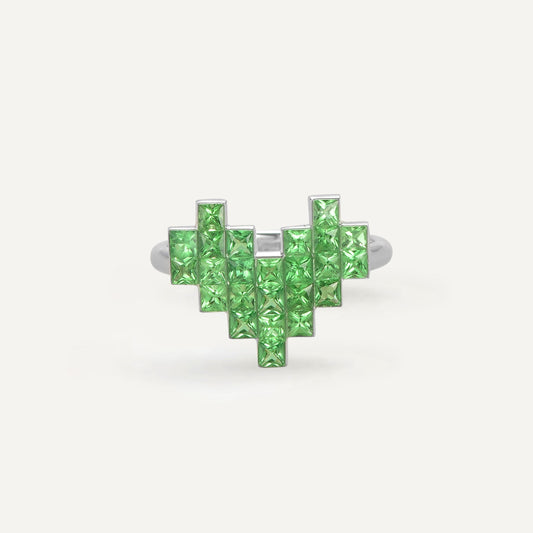Pixel Heart Code Tsavorite Ring| 18K White Gold