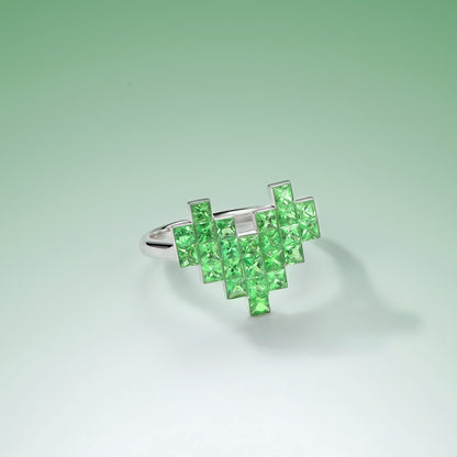 Pixel Heart Code Tsavorite Ring| 18K White Gold