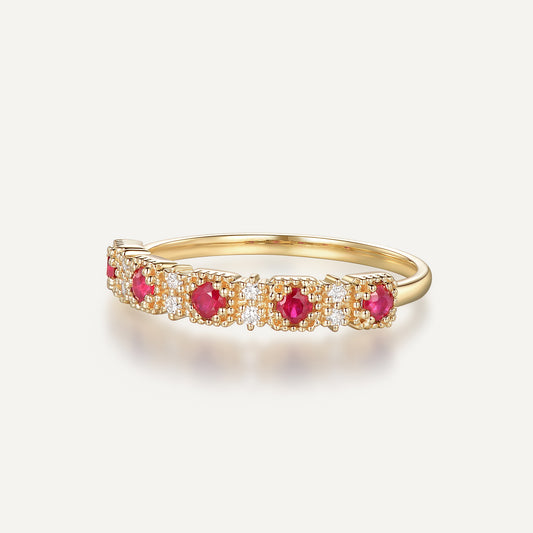 Royal Ruby & Diamond Row Ring | 18K yellow gold