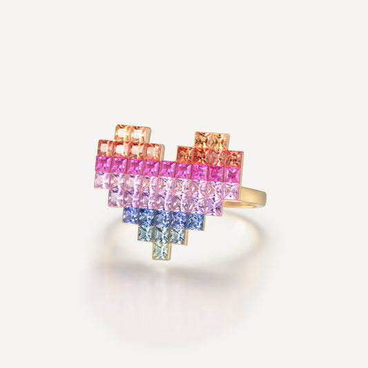 Rainbow Sapphire Pixel Heart Ring | 18K  gold | Natural Gemstone