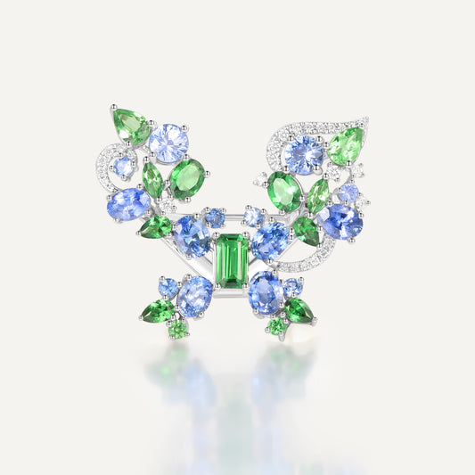 Dual-wear Monet Garden Butterfly Brooch & Pendant | 18K white gold | Natural Gemstone