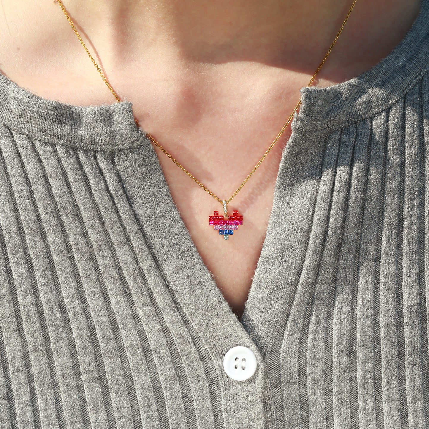 Rainbow Sapphire Heart Pixel Pendant  | 18K gold | Natural Gemstone