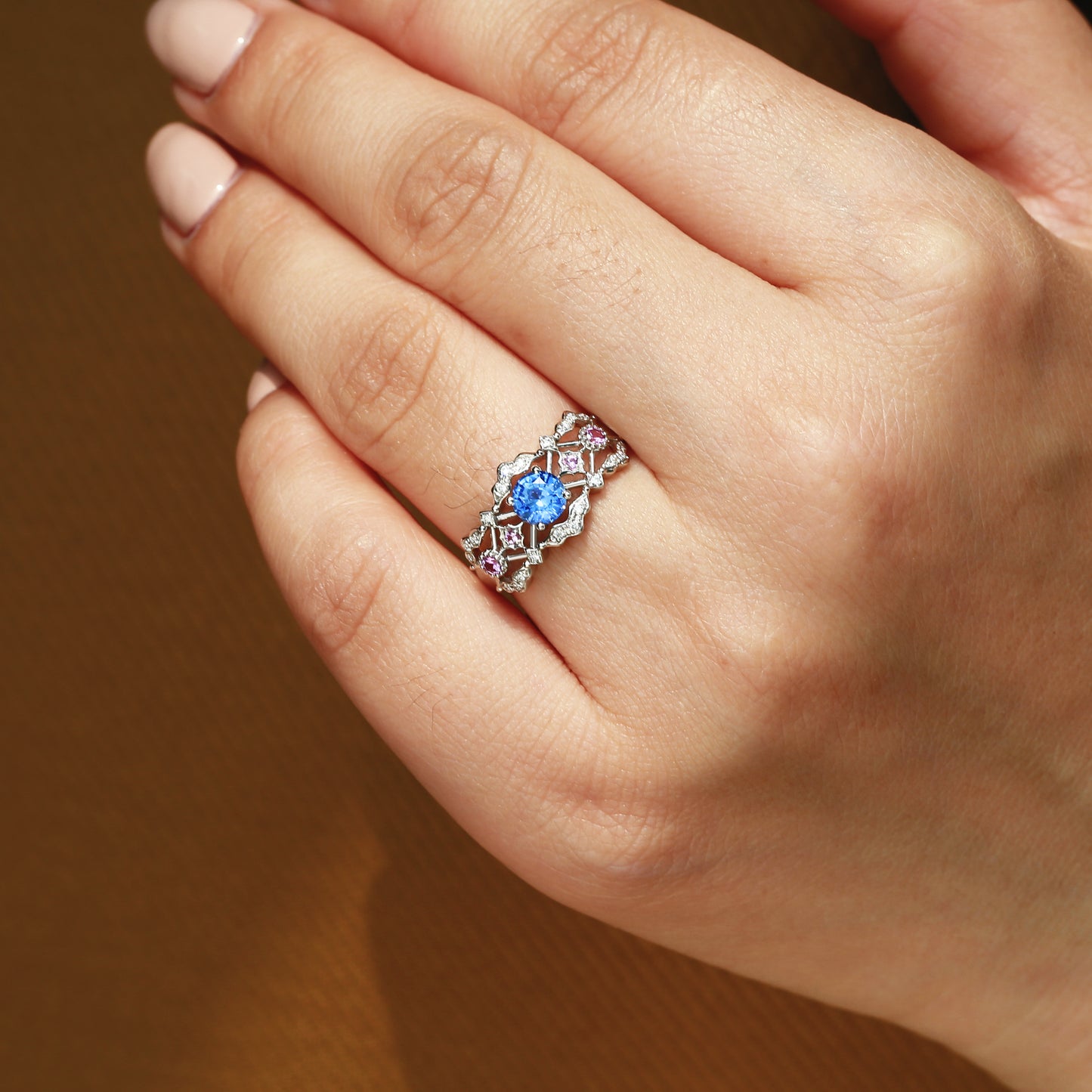 Regal Tulle Sapphire & Rosé Diamond Ring | Pt950 | Natural Gemstone