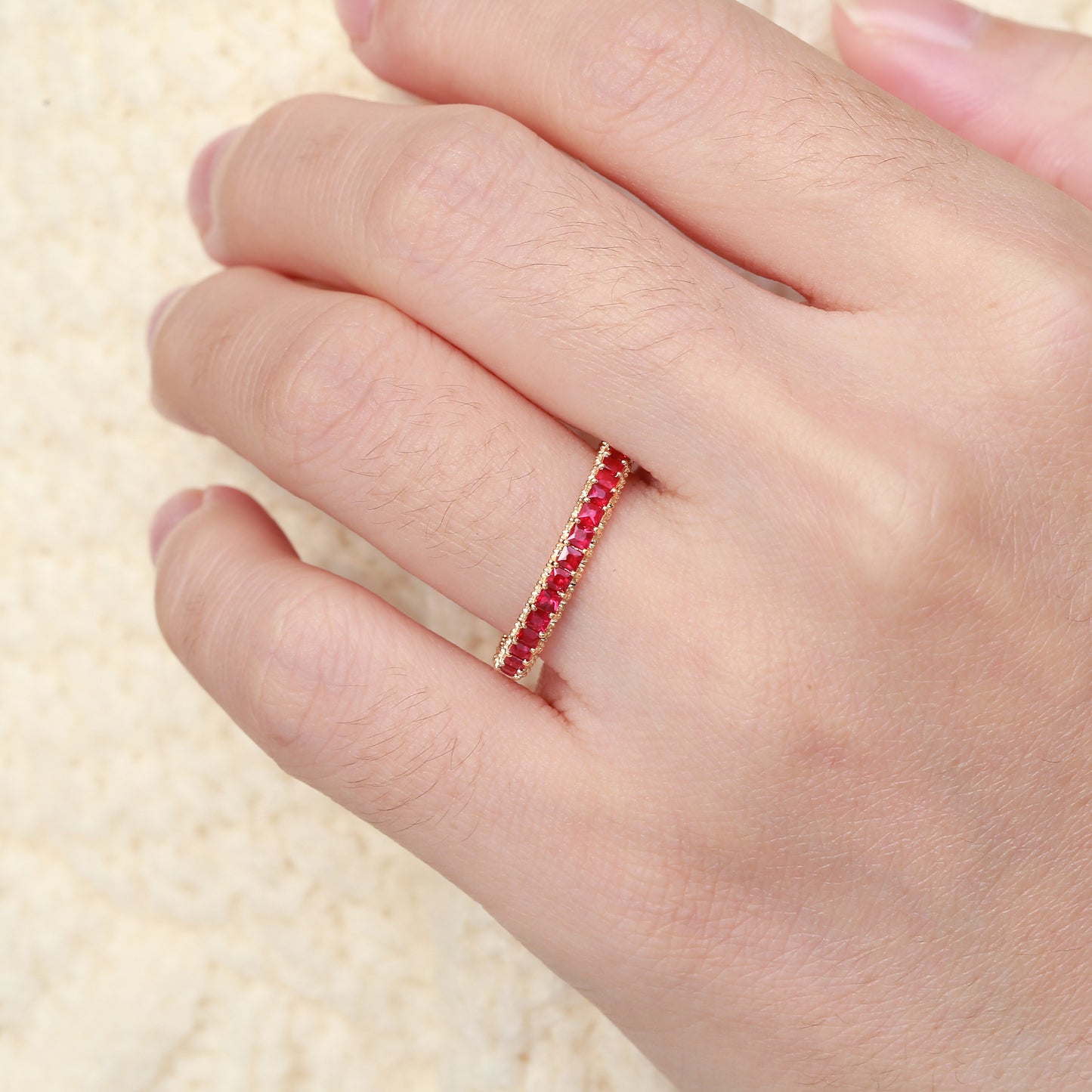 Straight Line Ruby Princess Ring | 18K Gold | Natural Gemstone