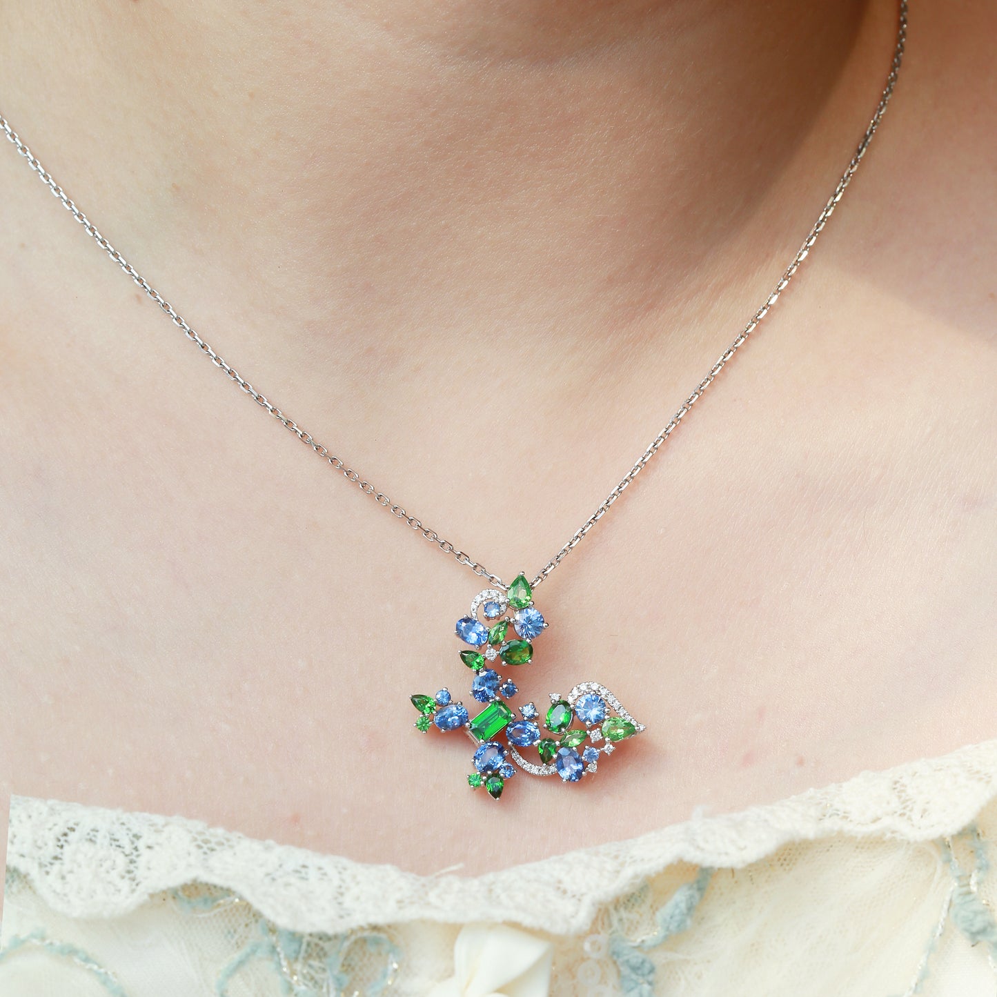 Dual-wear Monet Garden Butterfly Brooch & Pendant | 18K white gold | Natural Gemstone