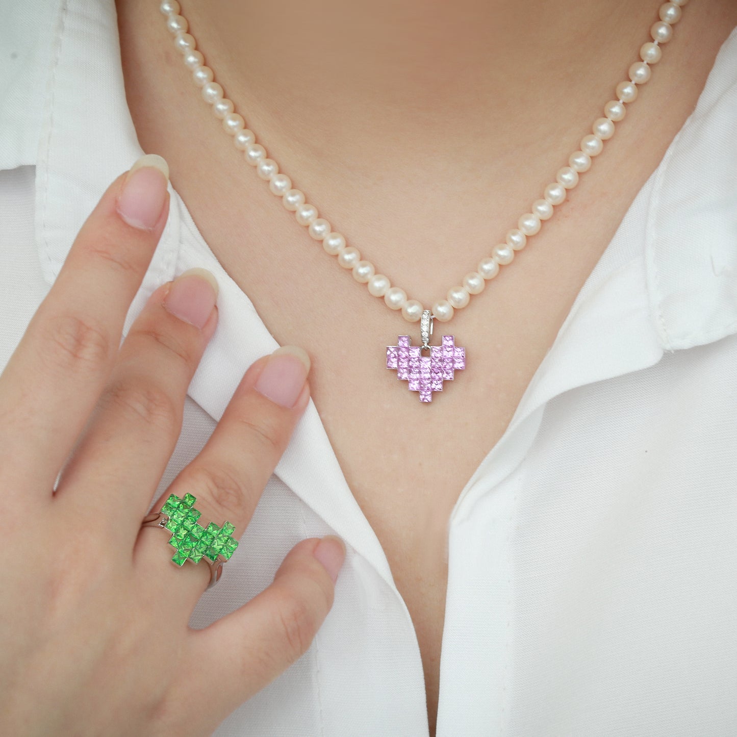 Pixel Heart Pendant | 18K White Gold | Natural Gemstone