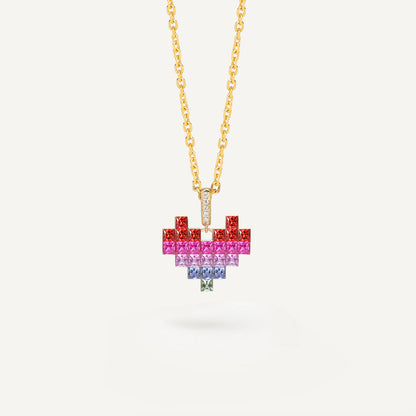 Rainbow Sapphire Heart Pixel Pendant  | 18K gold | Natural Gemstone
